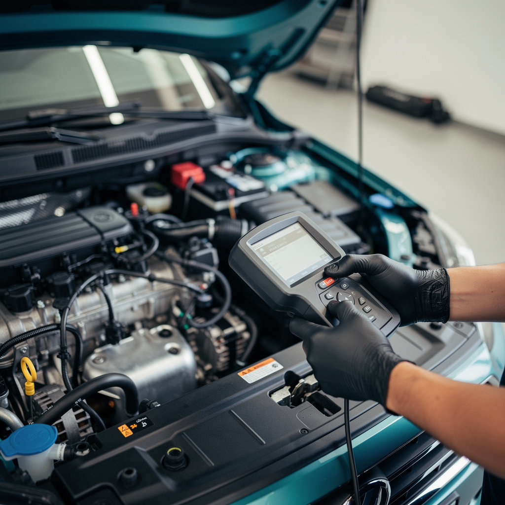 Sherif Auto Repairs engine diagnostic tools and professional mechanic performing vehicle diagnostics in London