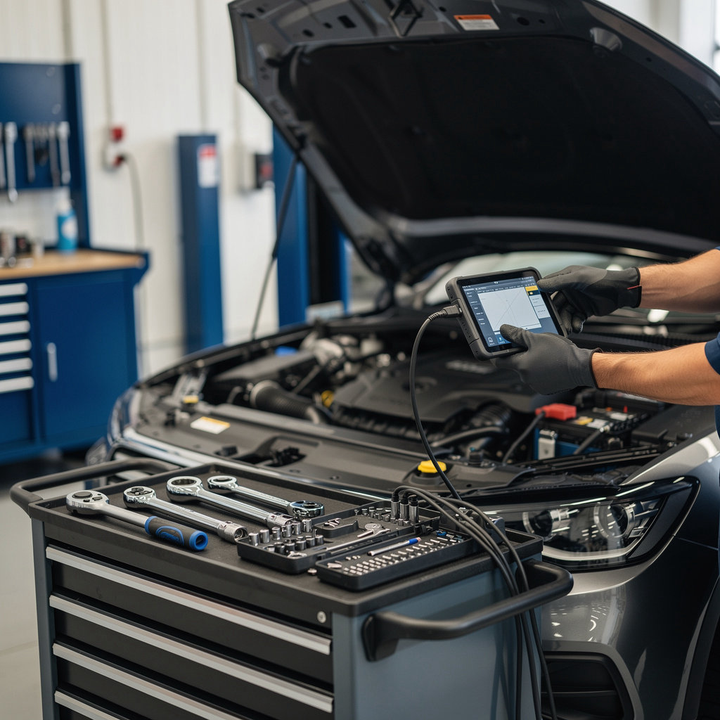 Sherif Auto Repairs professional workshop with expert technician performing vehicle diagnostics and repairs